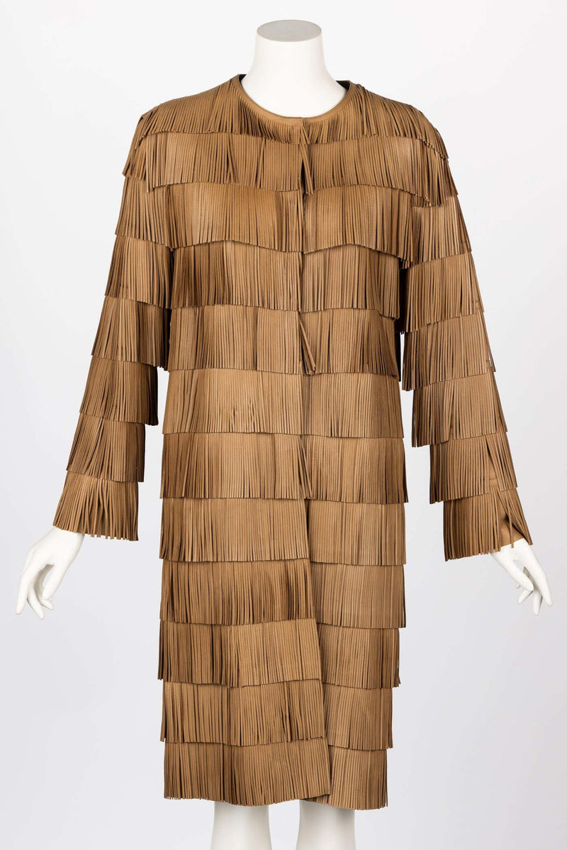 PRADA SPRING 2007 BROWN LEATHER FRINGE COAT RUNWAY LOOK #15