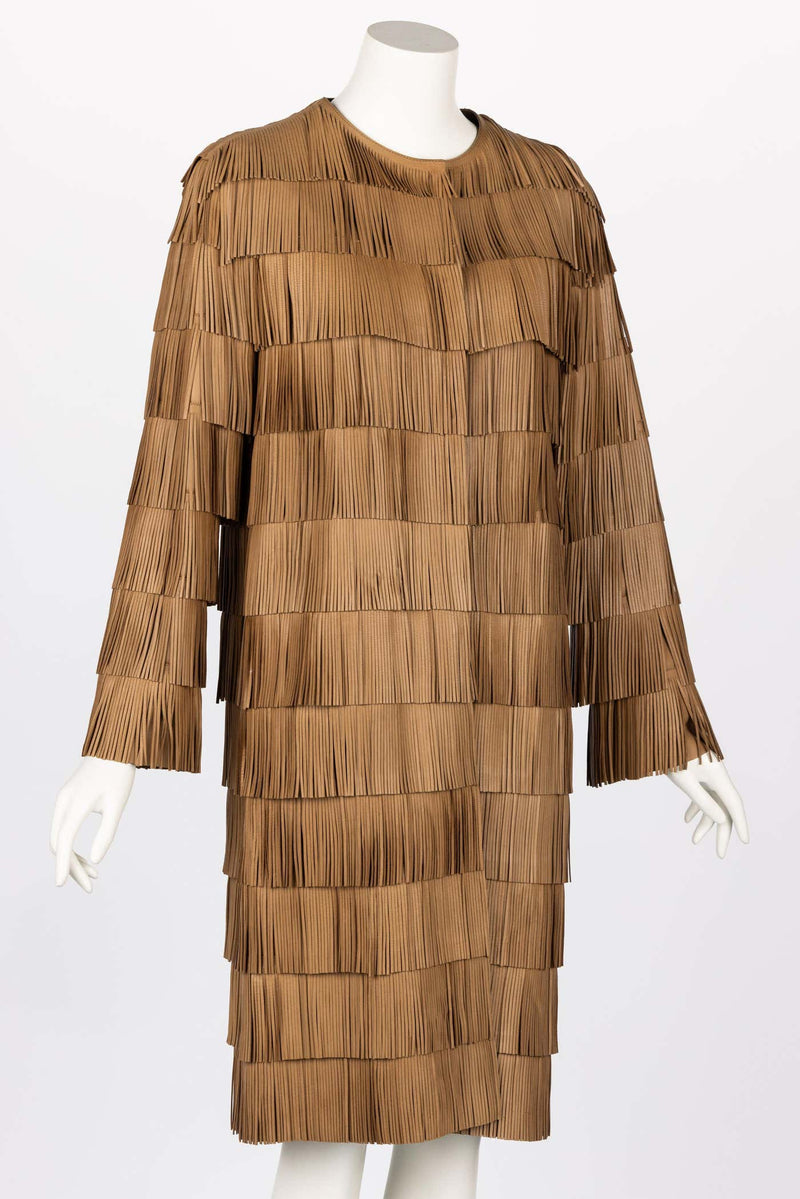 PRADA SPRING 2007 BROWN LEATHER FRINGE COAT RUNWAY LOOK #15