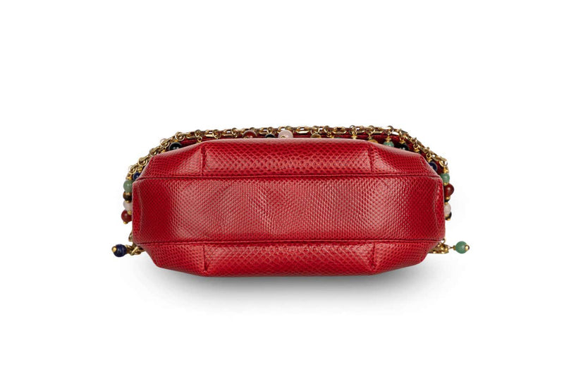 Judith Leiber Red Karung Semiprecious Stones Gold Chain Bag Clutch