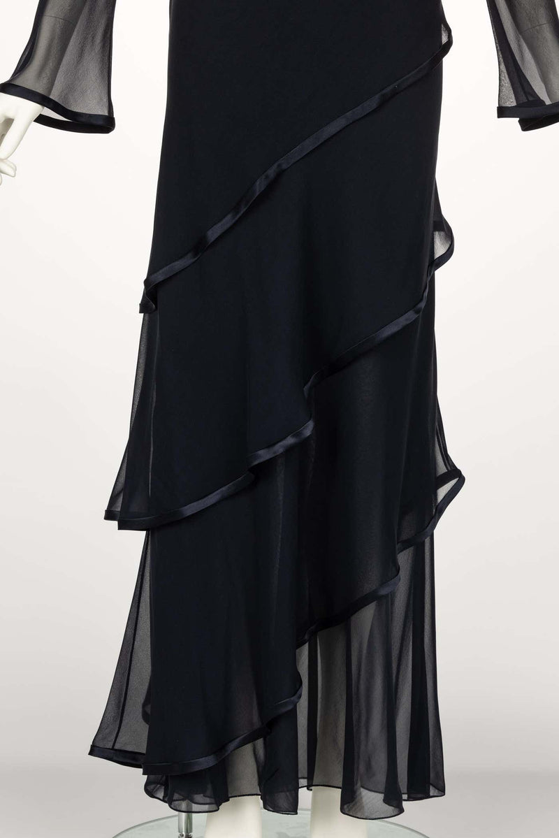 Holly’s Harp Black Silk chiffon Layered Maxi Dress 1970s