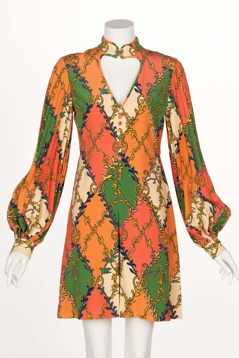 Gucci Orange Green Print Silk Mini Dress W Tags