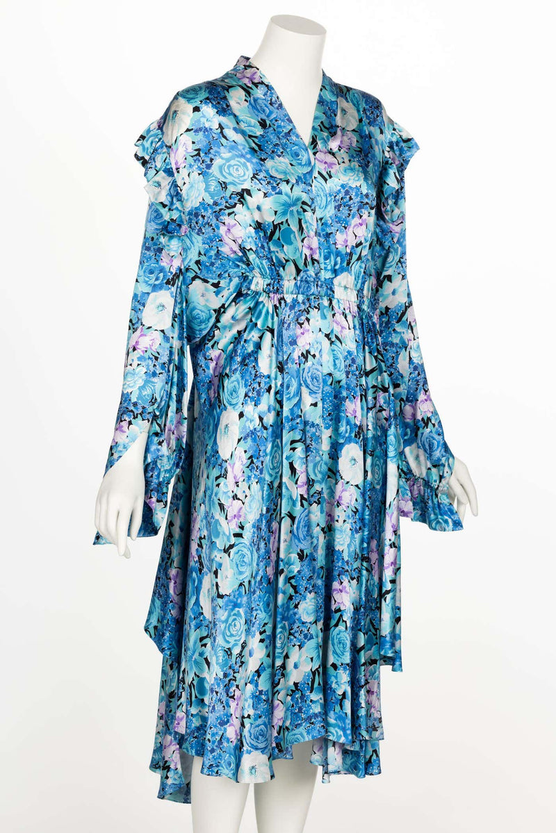 Balenciaga Blue floral print ruffle Satin Midi Dress Spring 2020