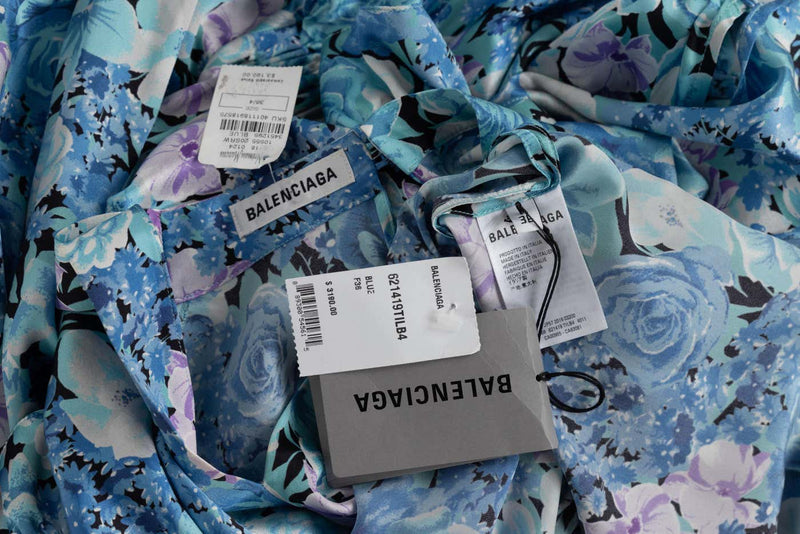 Balenciaga Blue floral print ruffle Satin Midi Dress Spring 2020