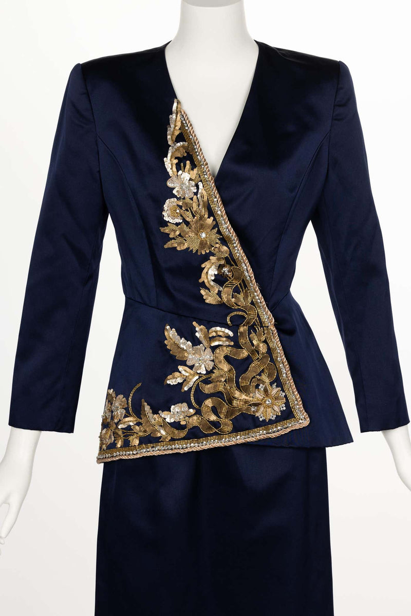 Vintage Oscar de la Renta Navy Satin Gold Embellished Skirt Suit F/W 1992