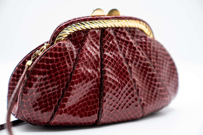 Judith Leiber Vintage Burgundy Snakeskin Gold Accent Handbag