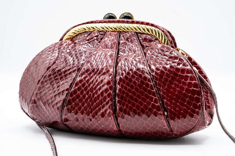 Judith Leiber Vintage Burgundy Snakeskin Gold Accent Handbag