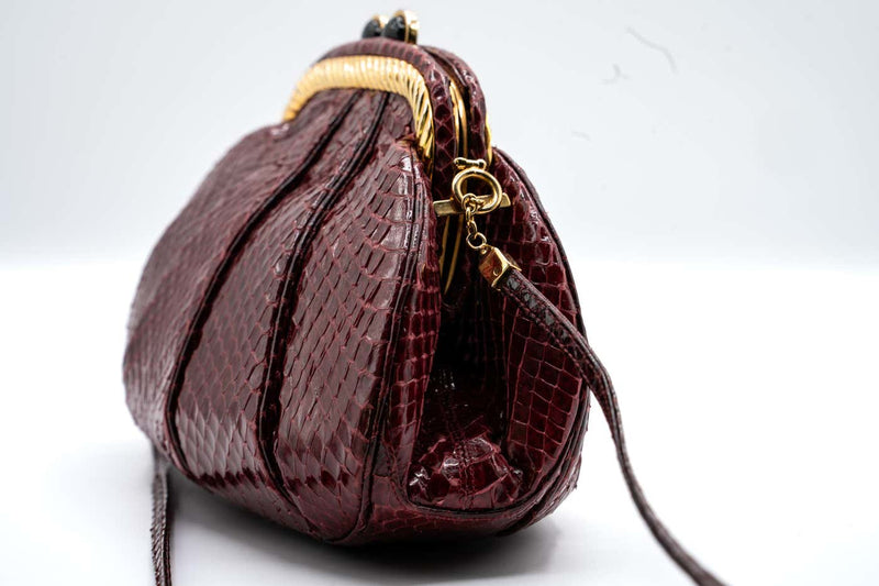 Judith Leiber Vintage Burgundy Snakeskin Gold Accent Handbag