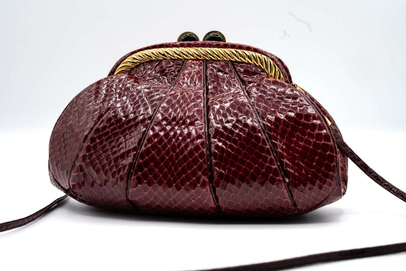 Judith Leiber Vintage Burgundy Snakeskin Gold Accent Handbag