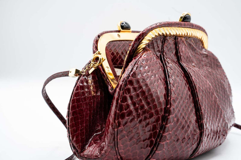 Judith Leiber Vintage Burgundy Snakeskin Gold Accent Handbag