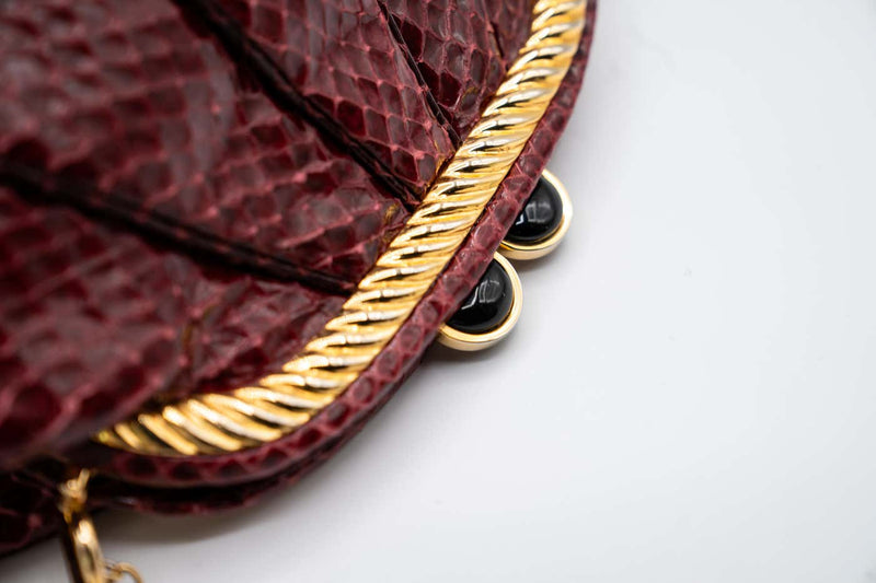 Judith Leiber Vintage Burgundy Snakeskin Gold Accent Handbag