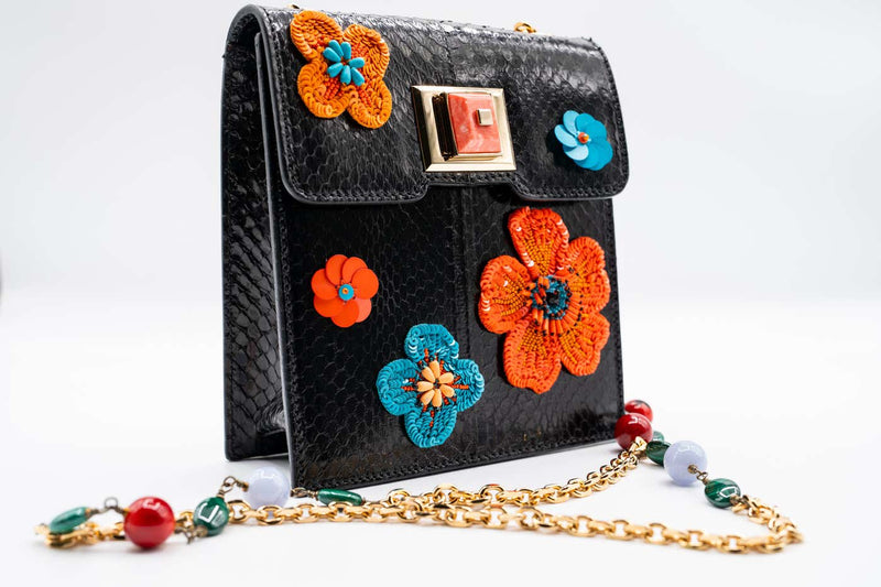 Andrew Gn Black Snakeskin Pocket Bag Beaded Appliqués & Semi-Precious Stones