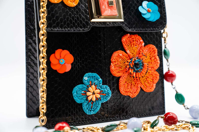 Andrew Gn Black Snakeskin Pocket Bag Beaded Appliqués & Semi-Precious Stones