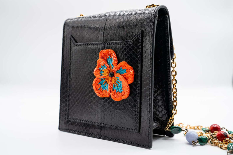 Andrew Gn Black Snakeskin Pocket Bag Beaded Appliqués & Semi-Precious Stones