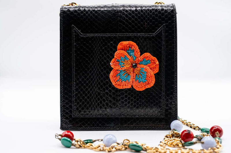 Andrew Gn Black Snakeskin Pocket Bag Beaded Appliqués & Semi-Precious Stones