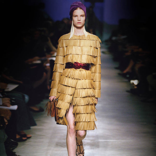 PRADA SPRING 2007 BROWN LEATHER FRINGE COAT RUNWAY LOOK #15