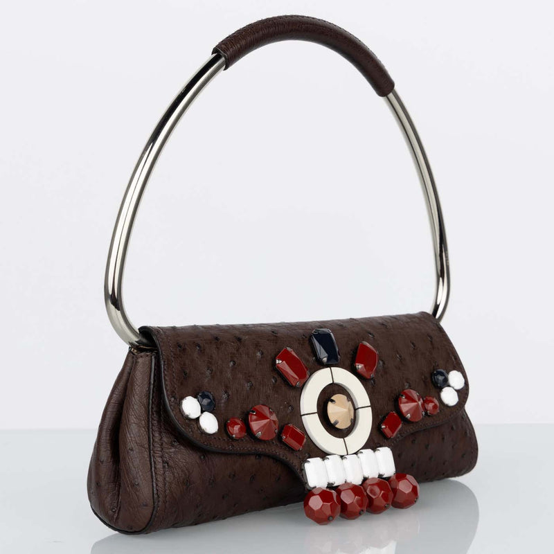 Prada Brown Ostrich Leather Jewel Embellished Swing Bag SS 2003 Archival Piece