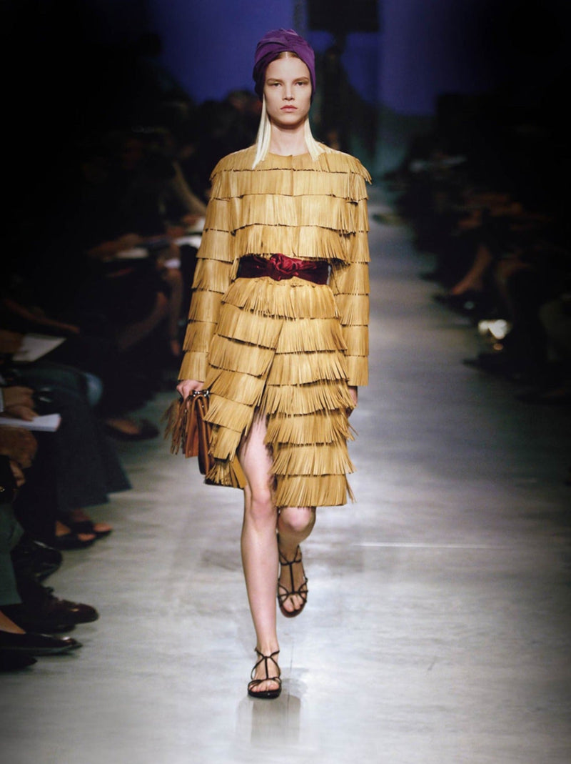 PRADA SPRING 2007 BROWN LEATHER FRINGE COAT RUNWAY LOOK #15