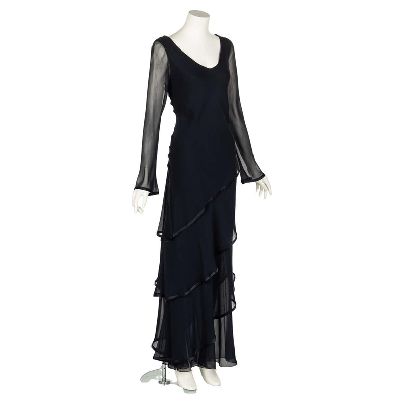 Holly’s Harp Black Silk chiffon Layered Maxi Dress 1970s