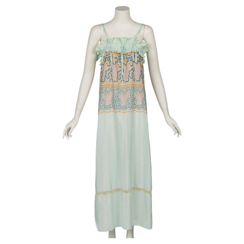 Zandra Rhodes Mint Green Printed Pleated Caftan Dress Set, 1970s