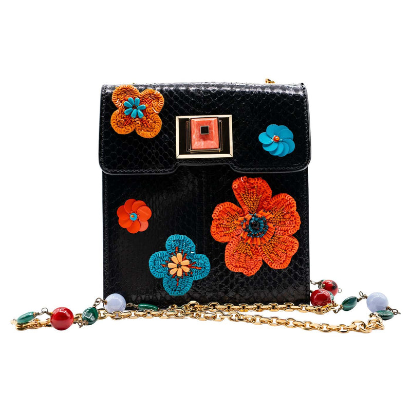 Andrew Gn Black Snakeskin Pocket Bag Beaded Appliqués & Semi-Precious Stones