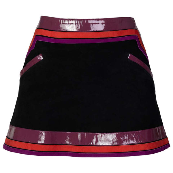 Gucci Black Suede Purple Pink Patent Leather Mod Mini Skirt Runway, 2007