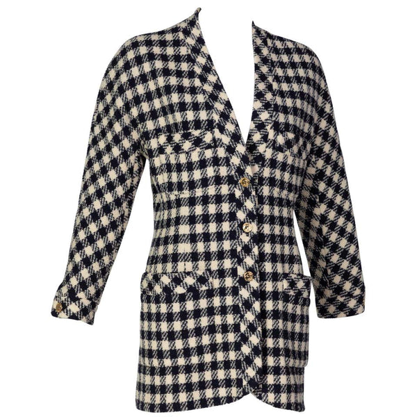 Chanel Navy Crème Wool Check Gold Button Cardigan Jacket, 1980s