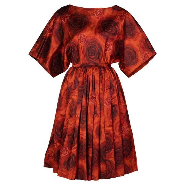 James Galanos Orange Purple Copper Floral Silk Party Dress, 1960s