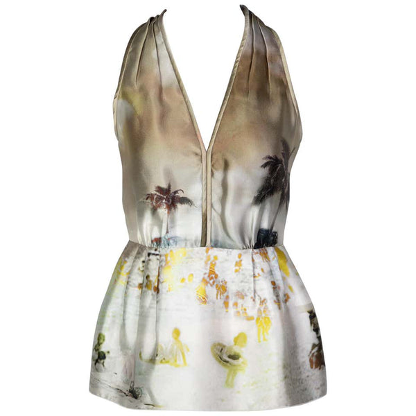 Prada Silk Beach Print Plunge Neck Top Runway, 2010