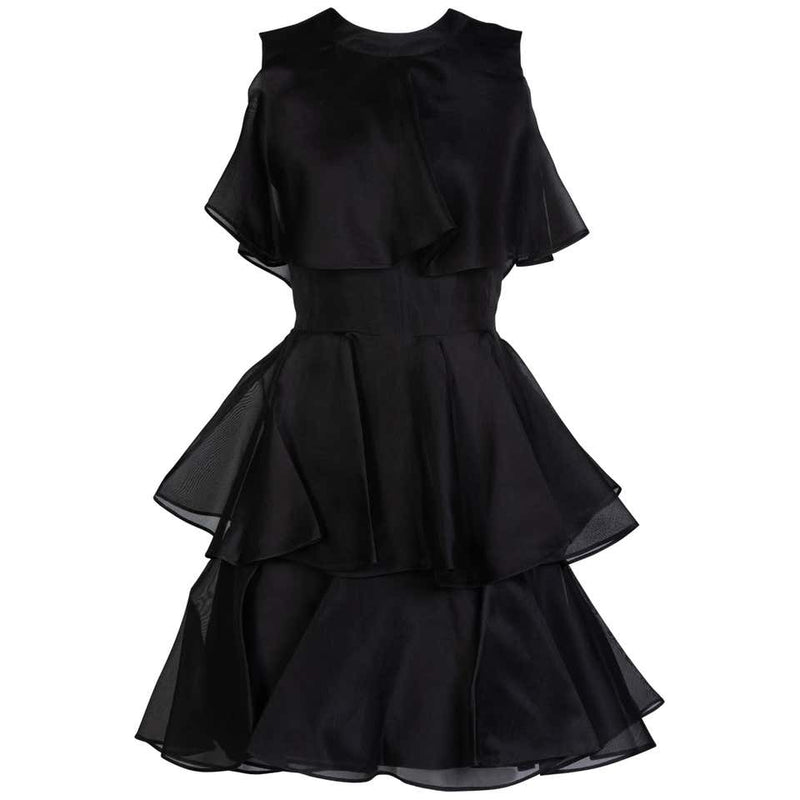 Jean Patou Black Organza Ruffle & Flounce Cocktail Dress, 1980s