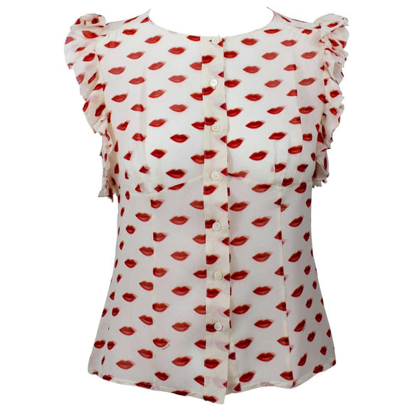 Prada Lips Sleeveless Ruffle Silk Blouse 2012