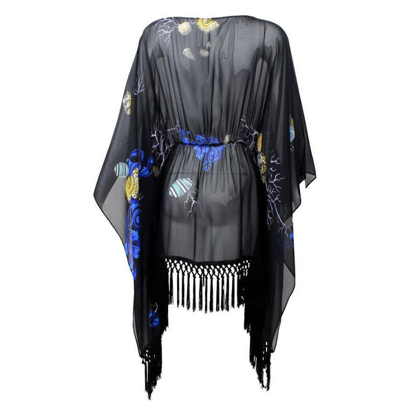 Versace Black Silk Sheer Fringe Caftan Top with Sea Shell Print