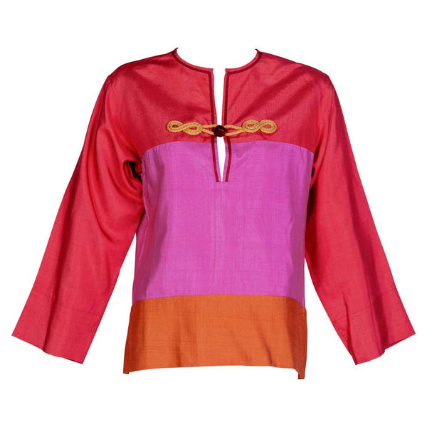 Yves Saint Laurent Pink Red Orange Color Block Silk Tunic Top YSL, 1990s