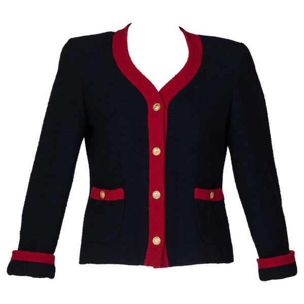 Chanel Navy & Red Boucle Jacket w/ Gold CC Buttons, 1980s