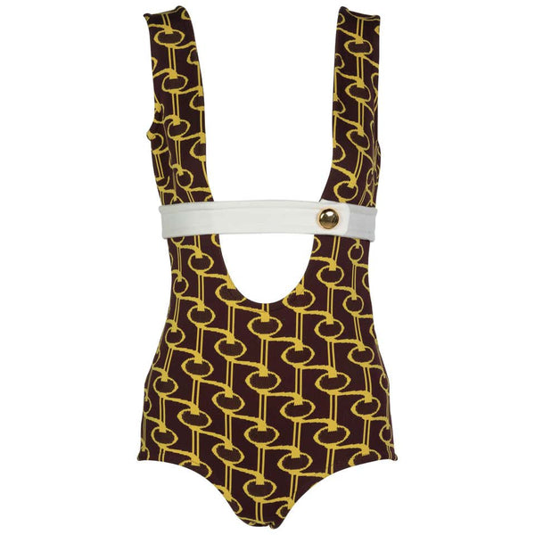 Prada Yellow Brown Print Knit Button Detail Plunge Neck Bodysuit Runway, 2019