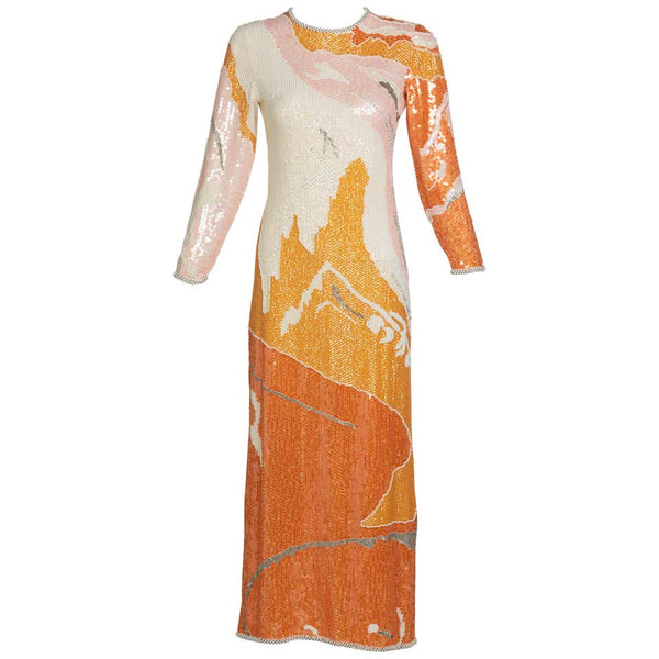 Halston Couture Sequin Pearl Beaded Sunset Colors Dress Documented, 1980s