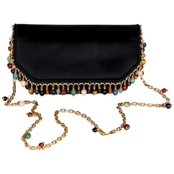 Judith Leiber Black Silk Semiprecious stones Gold Chain Bag Clutch