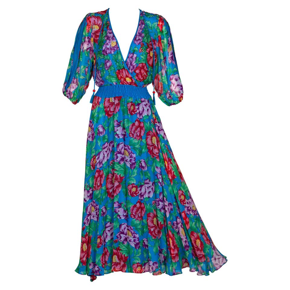 Diane Freis Blue Floral Silk Georgette Dress, 1990s