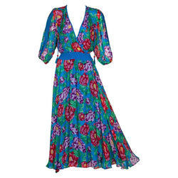 Diane Freis Blue Floral Silk Georgette Dress, 1990s – Basha Gold