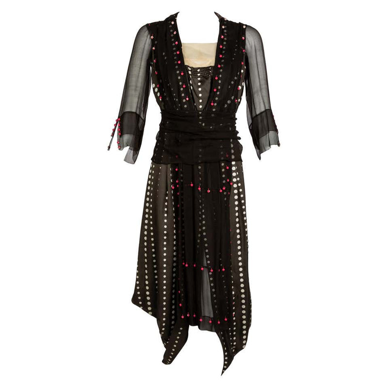 Vintage 1920s Black White Silk Dot Magenta Pom Pom Draped Dress