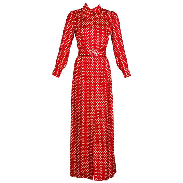 Galanos Red Polka Dot Lucite Belted Silk Maxi Dress, 1970s