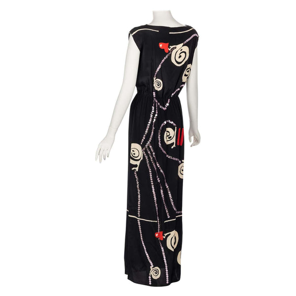 Michael Vollbracht Black Silk Sequin Print Maxi Dress, 1980s