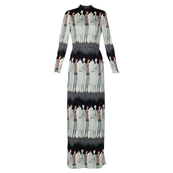 Adele Simpson Flapper Lady Print Maxi Dress, 1970s