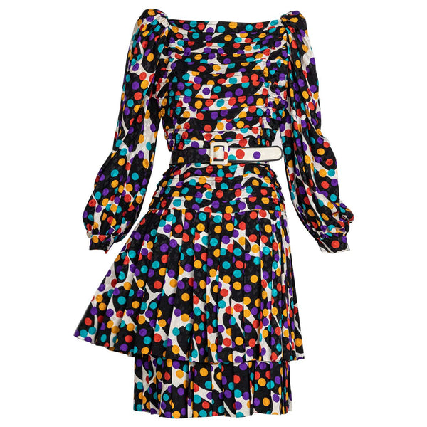 Fabulous Vintage Galanos Polka Dot Silk Pleated Belted Dress, 1980s