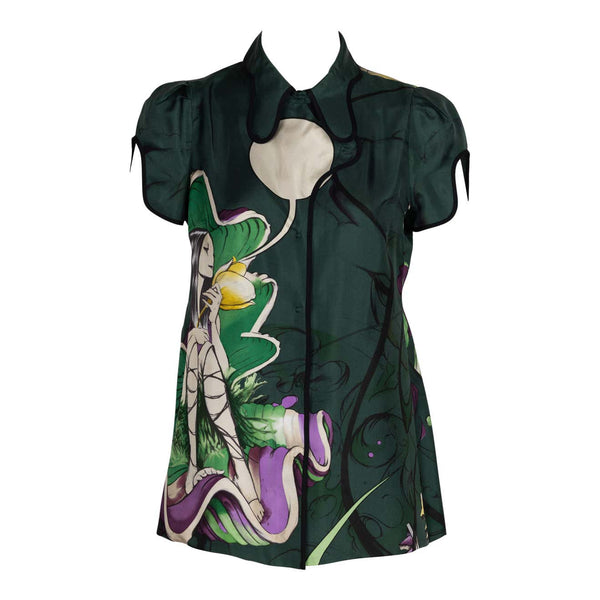 Prada Fairy James Jean Green Print Silk Top Runway Spring 2008