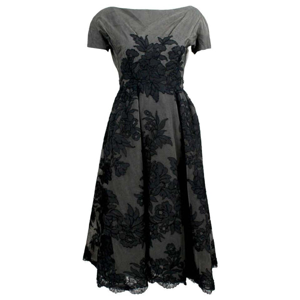 1950s Mort Mogel Black Lace & Charcoal Grey Net Full Skirt Cocktail / Party Dress