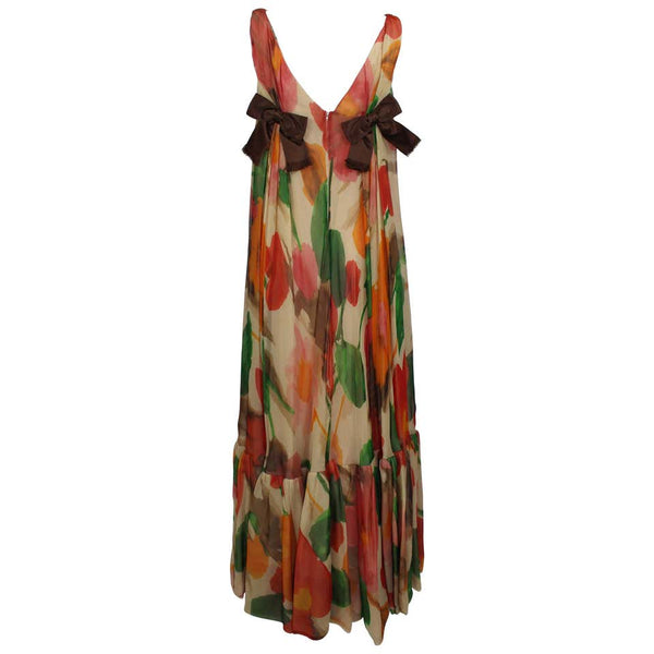 1960s Multicolor Florals Silk Organza Sleeveless Satin Bow Maxi Dress / Gown