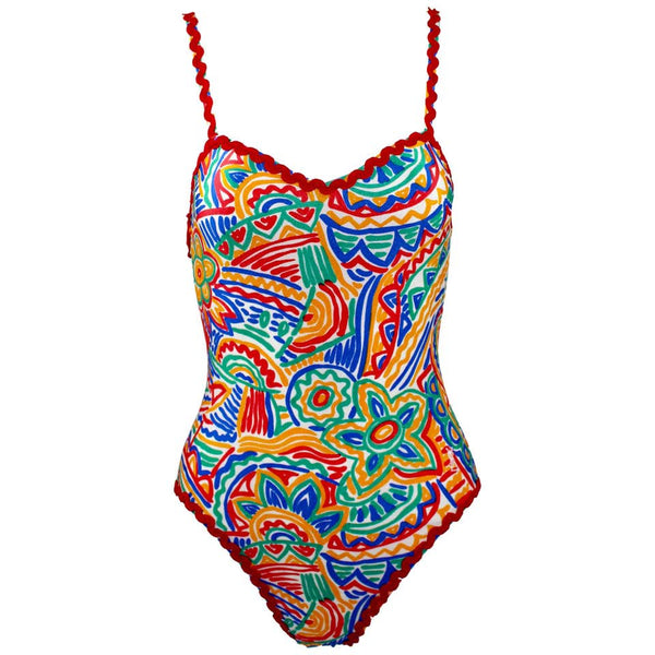 1990s Yves Saint Laurent Colorful Print Ric Rac Trim Maillot Swimsuit w/ Tags