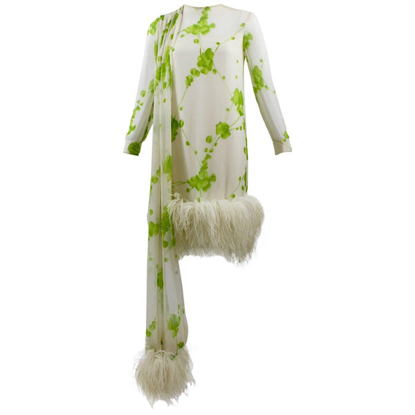 1960s Pierre Cardin Ivory and Green Silk Print Ostritch Feather Trim Dress