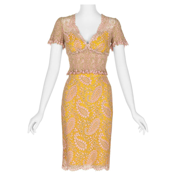 Chloé Karl Lagerfeld Pink Yellow Lace Top & Skirt Set, 1990s