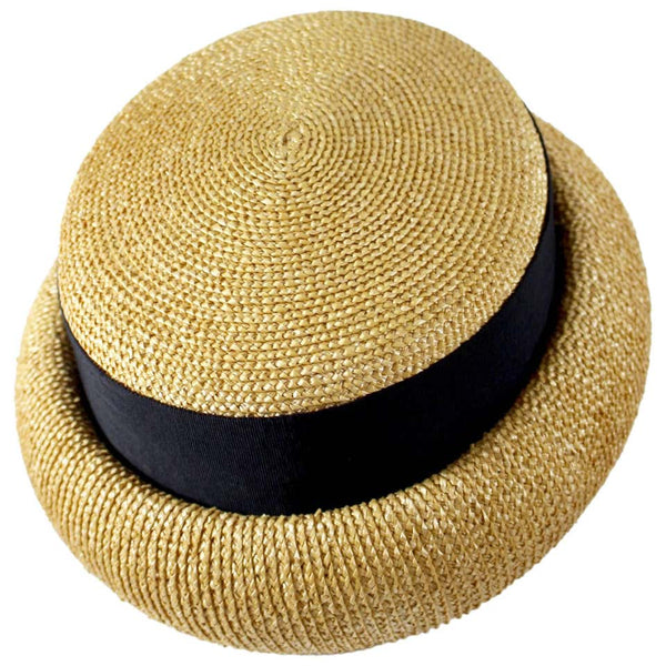 Vintage Chanel Tan and Black Grosgrain Ribbon Rolled Brim Hat